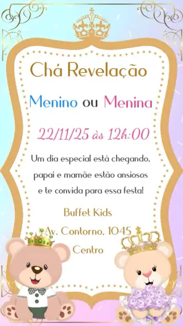 Convite Chá Revelação para chá de revelação para descobrir o sexo do bebê. – tema chá revelação (ursinhos, príncipe, princesa, pastel, divertido, moderno)