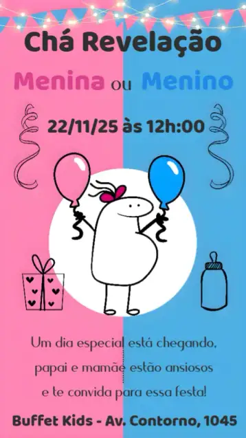 Convite Chá Revelação para chá de revelação para anunciar o sexo do bebê. – tema chá revelação (floral, moderno, colorido, minimalista, branco e dourado)