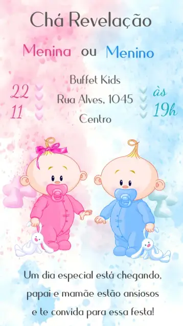 Convite Chá Revelação para chá de revelação para descobrir o sexo do bebê. – tema chá revelação (pastel, moderno, divertido, colorido, minimalista)