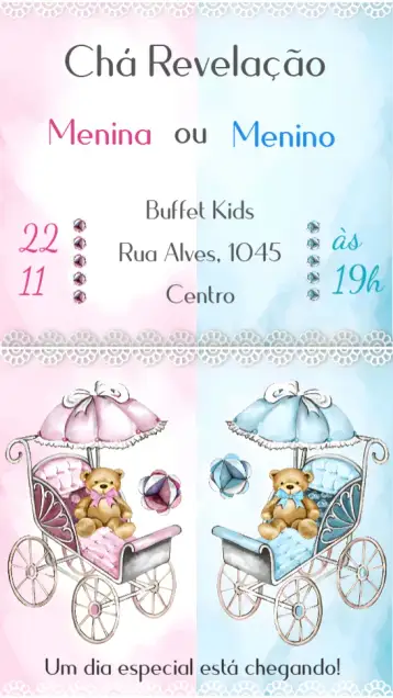 Convite Chá Revelação para ideal para chá de revelação, celebrando o momento especial de descobrir o sexo do bebê. – tema chá revelação (moderno, colorido, minimalista, gráfico, festivo, delicado)