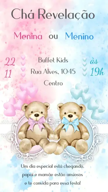 Convite Chá Revelação para chá de revelação para descobrir o gênero do bebê. – tema chá revelação (ursinhos, pastel, divertido, colorido, moderno, alegre)