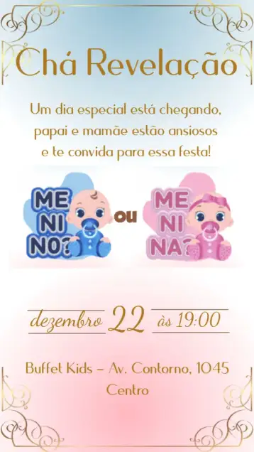 Convite Chá Revelação para chá de revelação do sexo do bebê. – tema chá revelação (colorido, moderno, divertido, minimalista, lúdico, infantil)