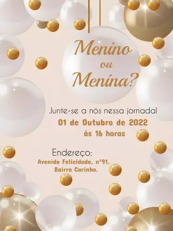 Convite Chá Revelação Balões Bexiga para chá revelação para celebrar a chegada do bebê. – tema chá revelação (dourado, branco, marrom, neutro, balões, moderno)