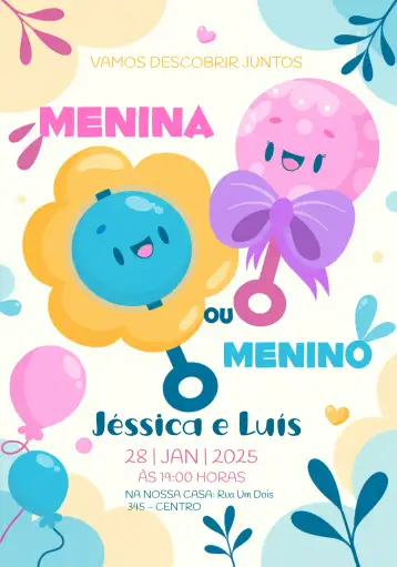 Convite Baby Gender Reveal Party para baby gender reveal party. – tema revelación bebé (delicado, lúdico, colorido, moderno, infantil, amoroso)