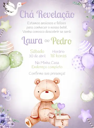 Convite Garça Gender Reveal para baby gender reveal. – tema gender reveal (floral, modern, colorful, delicate, fun)