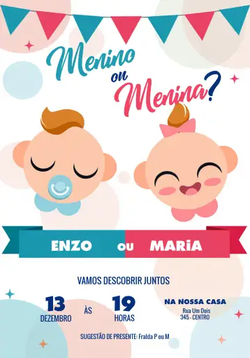 Convite Baby Shower Lilac Gender Reveal para reveal party for the arrival of a baby. – tema revelación bebé (lila, tierno, moderno, infantil, delicado, colorido)