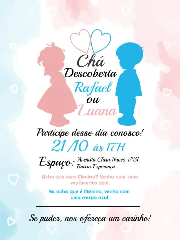 Convite Chá Revelação Menina Ou Menino Azul para chá de revelação do gênero do bebê. – tema chá revelação (azul, lúdico, moderno, divertido, colorido)