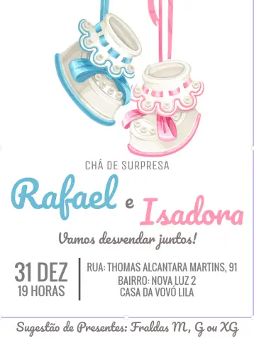 Convite Revelación de Género Niño o Niña Zapatos para revelación de género del bebé. – tema revelación bebé (rosa y azul, moderno, lúdico, minimalista, divertido)