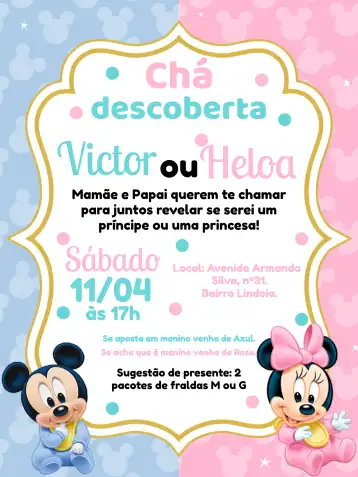 Invite Minnie And Mickey Baby Boy Gender Reveal editable and customizable
