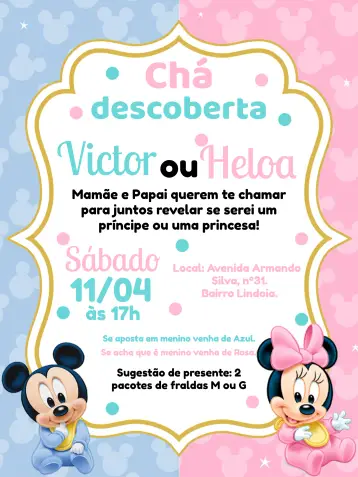 Invitación Chá Revelación Minnie Y Mickey Baby Niño editable y personalizable