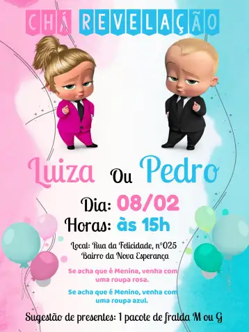 Convite Chá Revelação Poderoso Chefinho E Poderosa Chefinha Branco editável e personalizável