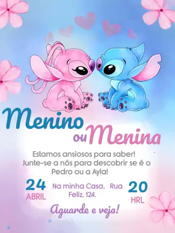 Convite Chá Revelação Stitch E Angel Menino editável e personalizável