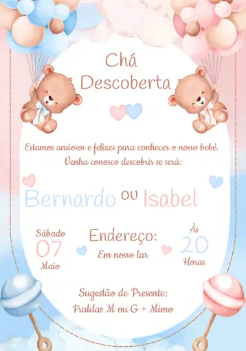 Convite Chá Revelação Ursinho Baloeiro Fofo para chá de revelação para descobrir o sexo do bebê. – tema chá revelação (fofo, delicado, aquarela, azul e rosa, infantil)