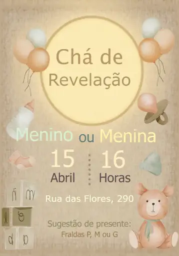 Convite Fiesta de Revelación del Oso de Peluche Colorido para fiesta de revelación del sexo del bebé. – tema revelación bebé (colorido, pastel, lúdico, infantil, brincalhão)