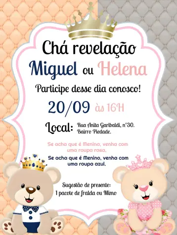 Convite Chá Revelação Ursinho Príncipe E Ursinha Princesa Rosa para chá de revelação do sexo do bebê. – tema chá revelação (rosa, azul, realeza, coroa, ilustrações fofas, estilo lúdico)