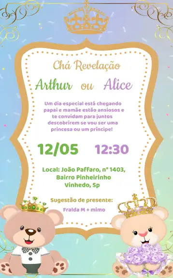 Convite Chá Revelação Ursinho Verde E Ursinha Lilás Fraldas editável e personalizável