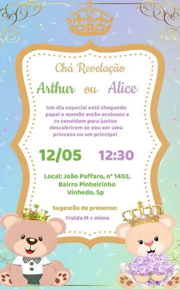 Convite Chá Revelação Ursinho Verde E Ursinha Lilás Fraldas para chá de revelação – tema chá revelação (verde suave, lilás delicado, fofo, infantil, ilustrações de animais, estilo moderno)
