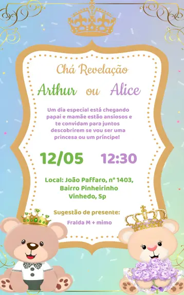 Convite Chá Revelação Ursinho Verde E Ursinha Lilás Fraldas para chá de revelação – tema chá revelação (verde suave, lilás delicado, fofo, infantil, ilustrações de animais, estilo moderno)