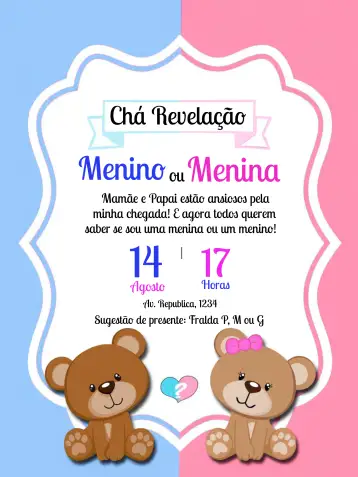 Convite Chá Revelação Ursinhos Azul para chá de revelação para celebrar a chegada do bebê. – tema chá revelação (azul suave, ursinhos fofos, corações, ilustração divertida, estilo moderno, cenas infantis)