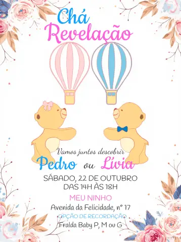 Convite Teddy Bears Baby Gender Reveal para ideal for gender reveal parties and baby showers. – tema gender reveal (watercolor, teddy bears, pink and blue, childish, cute, delicate)