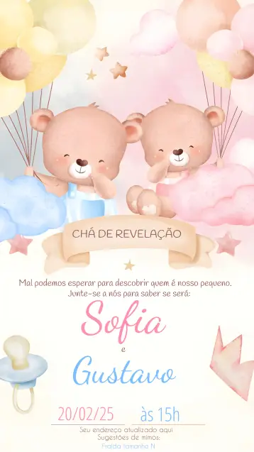 Convite Chá Revelação Ursinhos Baloeiros Rosa para chá de revelação para o bebê. – tema chá revelação (rosa, lúdico, aquarela, infantil, divertido, moderno)