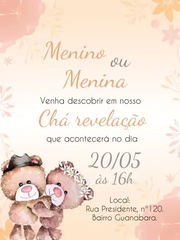 Convite Chá Revelação Ursinhos Bebe para ideal para chá revelação de bebês. – tema chá revelação (delicado, neutro, fofo, minimalista, colorido, moderno)