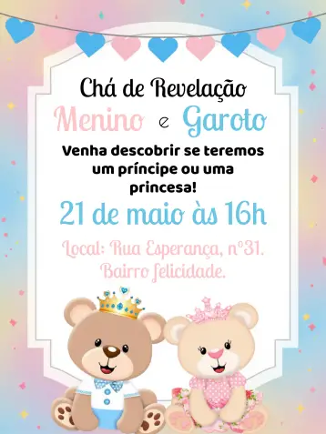 Convite Chá Revelação Ursinhos Branco para ideal para chá de revelação, celebrando a chegada do seu bebê. – tema chá revelação (fofo, branco, azul, rosa, ilustrações de ursinhos, estilo lúdico)