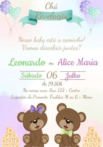 Convite Teddy Bear Diaper Reveal Party para reveal party to celebrate the baby's arrival. – tema gender reveal (delicate, colorful, childlike, modern, cute)