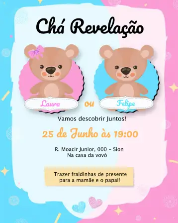 Convite Teddy Bears Gender Reveal para gender reveal and children's birthday. – tema kids' birthday party (bear, pink, fun, childish, playful, colorful)