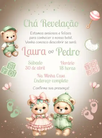 Convite Chá Revelação Ursinhos Menino editável e personalizável
