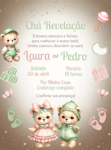 Convite Chá Revelação Ursinhos Menino editável e personalizável