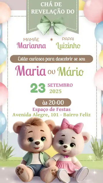 Convite Chá Revelação Ursinhos Neném editável e personalizável