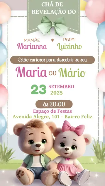 Convite Chá Revelação Ursinhos Neném para chá de revelação para celebrar a chegada do bebê. – tema chá revelação (fofos, colorido, moderno, lúdico, suave, divertido)