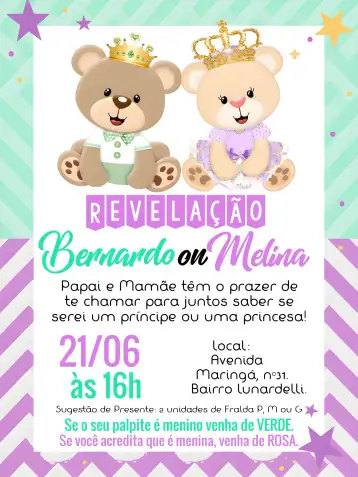 Convite Chá Revelação Ursinhos Realeza Cha editável e personalizável