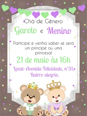 Invite Gray Royal Teddy Bears Gender Reveal Tea Party editable and customizable