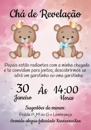 Convite Teddy Bear Royalty Bows Gender Reveal Tea Party para baby gender reveal tea party. – tema gender reveal (teddy bears, royalty, blue and pink, childish, cute, fun)