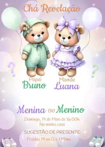 Convite Chá Revelação Ursinhos Roxo para chá de revelação e aniversário infantil. – tema aniversário infantil (ursinhos, roxo, verde, divertido, infantil, colorido)