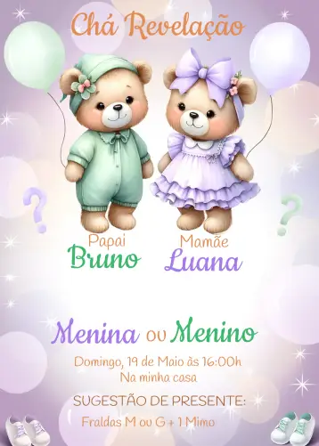 Convite Chá Revelação Ursinhos Roxo editável e personalizável
