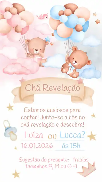 Convite Chá Revelação Ursinhos Urso editável e personalizável