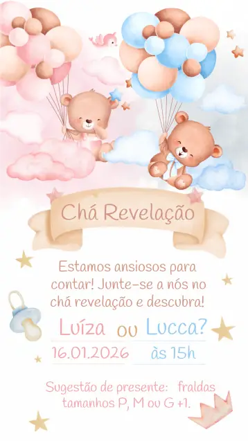 Convite Chá Revelação Ursinhos Urso para ideal para chá de revelação. – tema chá revelação (fofo, colorido, infantil, moderno, alegre)