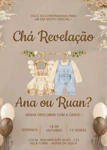 Convite Chá Revelação Varal De Roupas Baby editável e personalizável