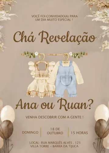 Convite Chá Revelação Varal De Roupas Baby para chá de revelação. – tema chá revelação (minimalista, bege, fofo, delicado, infantil, moderno)