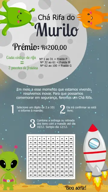 Convite Tea Raffle Astronaut Card para baby shower with astronaut theme. – tema raffle tea (cosmic, fun-filled, colorful, playful, modern)