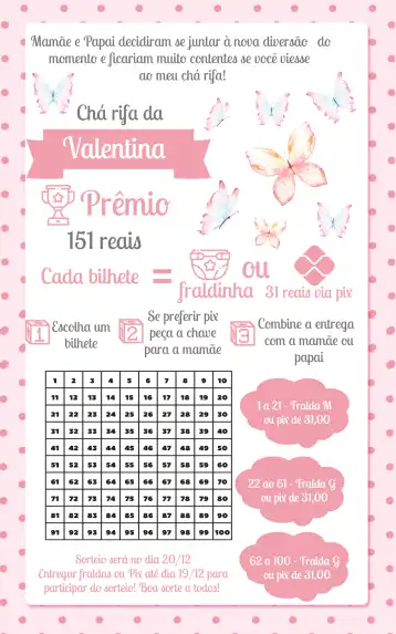 Convite Chá Rifa Borboletas Aquarela 100 – tema Chá Rifa aquarela, delicado, rosa e cinza, floral, menina, moderno