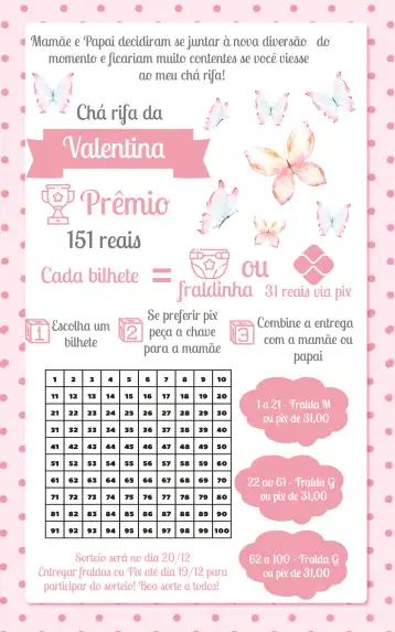 Convite Chá Rifa Borboletas Aquarela 100 editável e personalizável