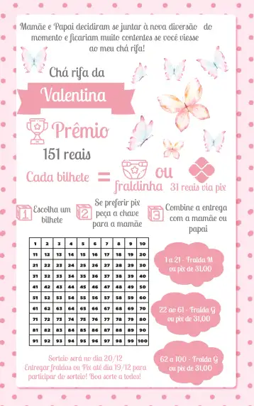 Convite Chá Rifa Borboletas Aquarela 100 editável e personalizável