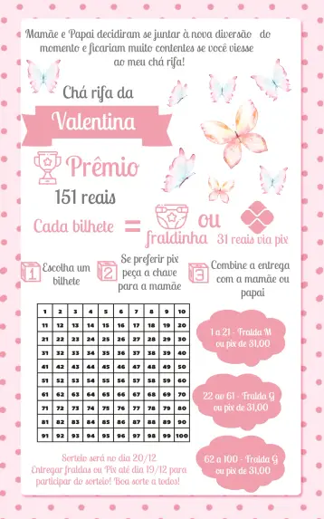 Convite Chá Rifa Borboletas Aquarela 100 para chá de bebê encantador e divertido. – tema chá rifa (aquarela, delicado, rosa e cinza, floral, menina, moderno)