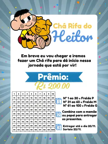 Convite Cascão Raffle Tea Party para fun and lively baby shower. – tema raffle tea (colorful, fun, childish, Mônica's Gang, lively)