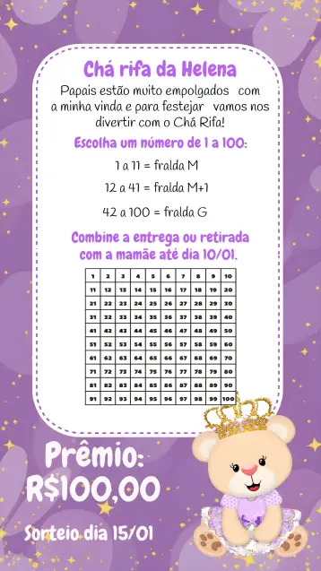 Invite Baby Shower Raffle Tea / Princess Purple Teddy Bear Diaper Prize editable and customizable