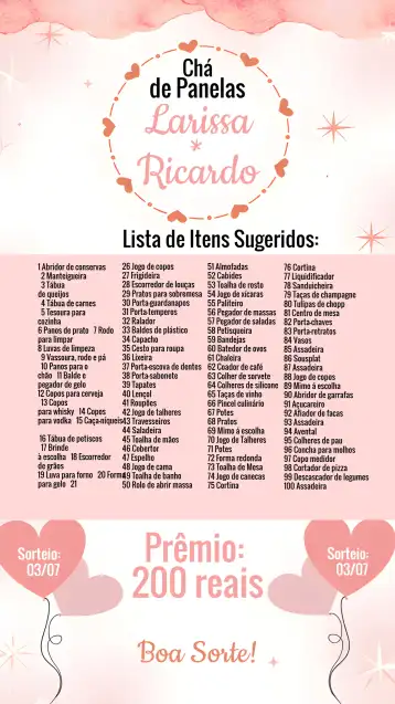 Convite Chá Rifa De Cozinha Corações Salmão editável e personalizável